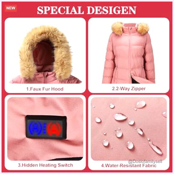 Heated Jacket with 2 Batteries & Faux Fur Hood, 4 Heating Zones - Picture 5 of 7